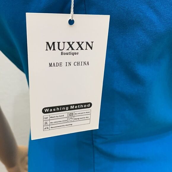 MUXXN Large Turquoise Blue  Asymmetrical Short Sleeve Midi Dress NEW SLIMMING - Picture 9 of 14